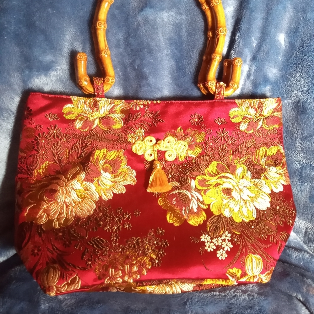 Yea Ren FLORAL SILK HAND BAG WITH BAMBOO HANDLES